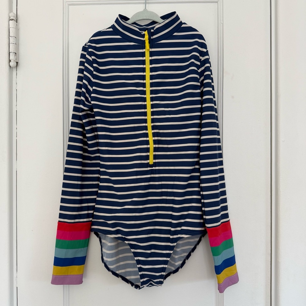 Boden Swimsuit Longsleeve, Stripes and Rainbow Sleeves Sz 11-12y, 152cm